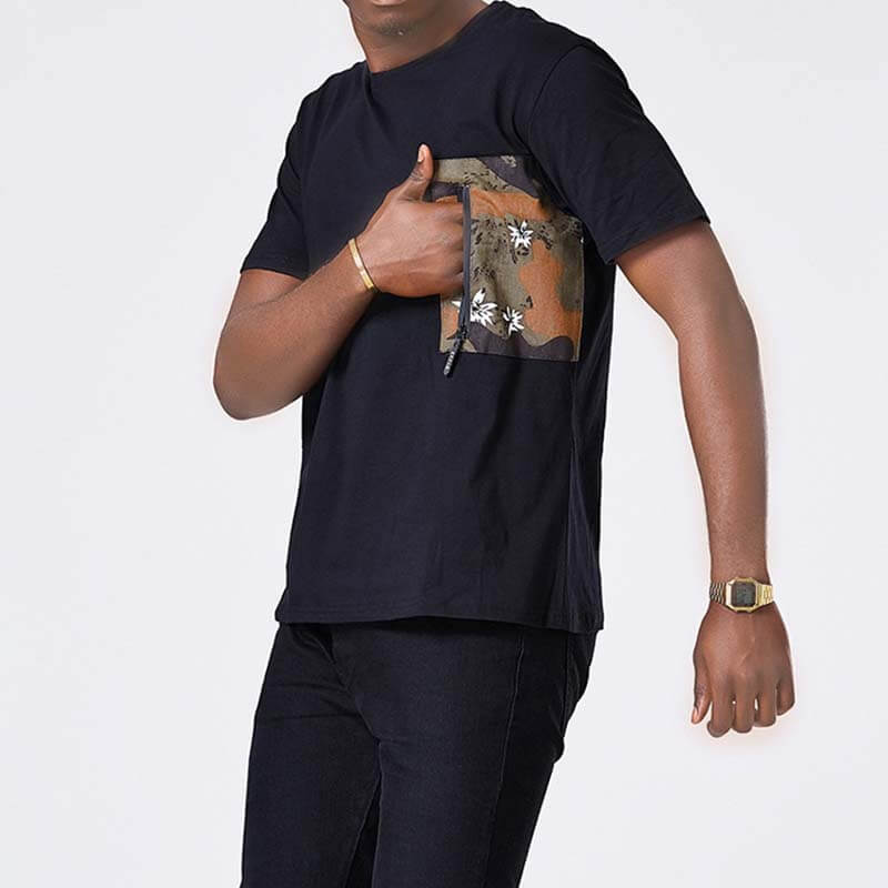 Paprastos kamufliažinės atspausdintos kišenės trumpomis rankovėmis iš medvilnės-juodų vyrams