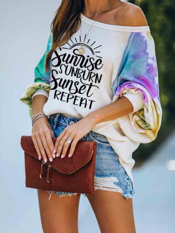 Mujer amanecer puesta de sol puesta de sol repetido suéter estampado