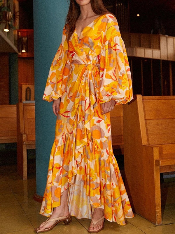 Boho Ballonärmel Asymmetrische Saum Abendparty Maxikleid