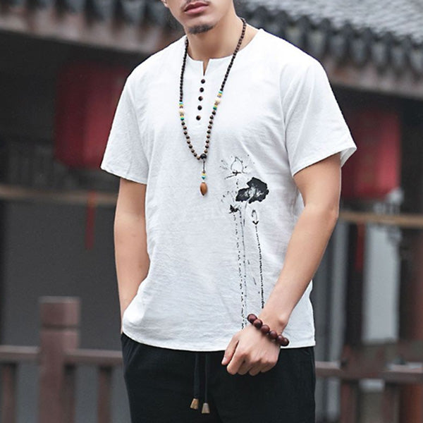 Camiseta de manga corta para hombre con estampado de loto en algodón y lino.