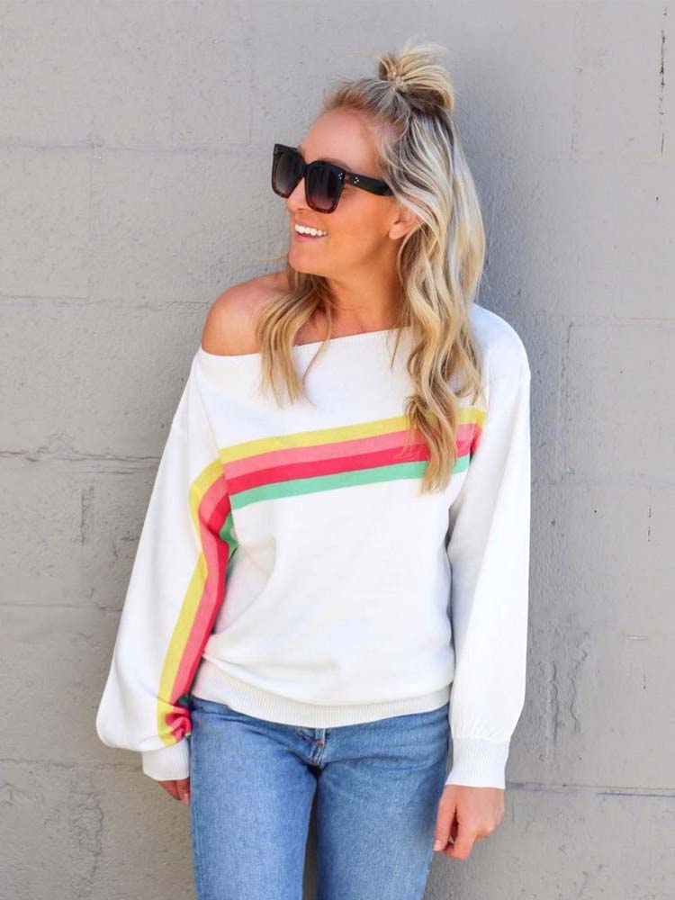 Damen Rainbow Stripe Off Schulter Sweatshirt