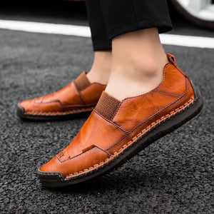 Men Hand Stitching Leather Slip Resistant Soft Sole Casual Shoes
