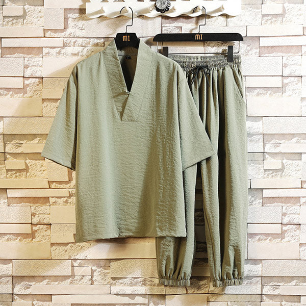 Conjunto informal de pantalones con cuello en V de lino para hombres