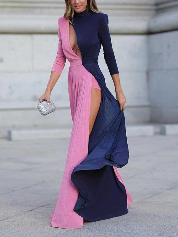 Pink-Blue Slit Cut Out Maxikleider