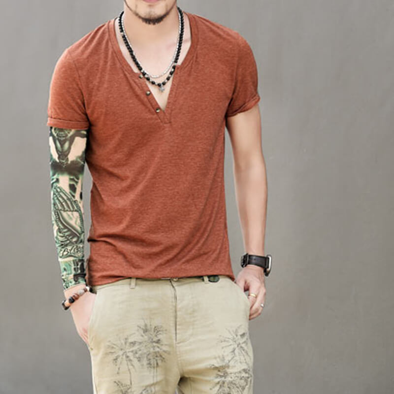 Men&#39;s Summer Cool Comfy Henley Collar Slim Short Sleeve Cotton T-Shirts