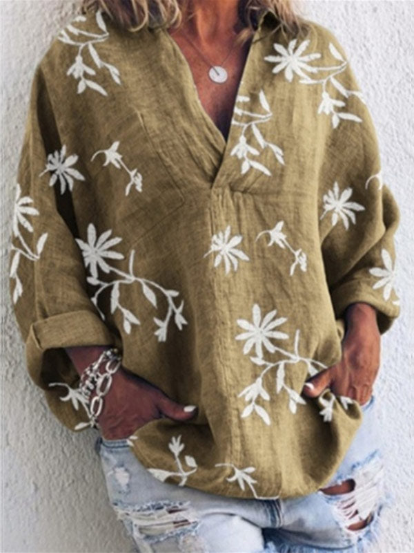 Camiseta de algodón y lino para mujer con cuello en V