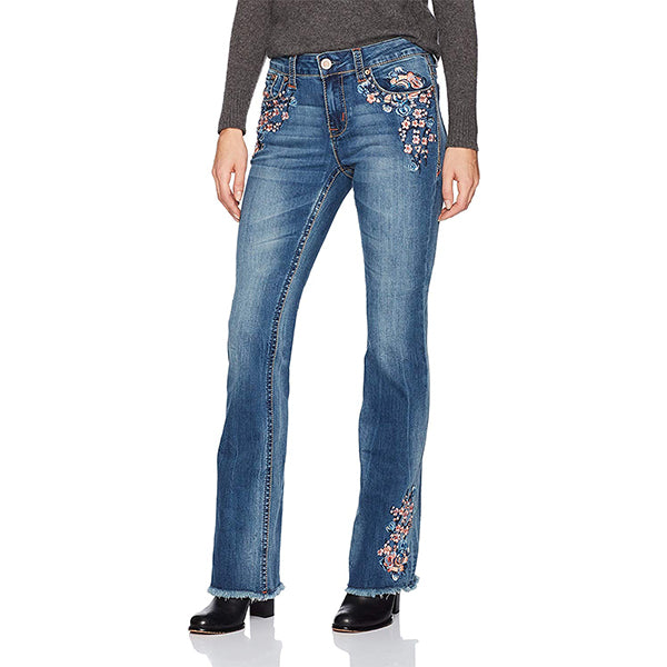 Jeans florales bordados, pirateados y elásticos