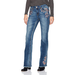 Jeans florales bordados, pirateados y elásticos