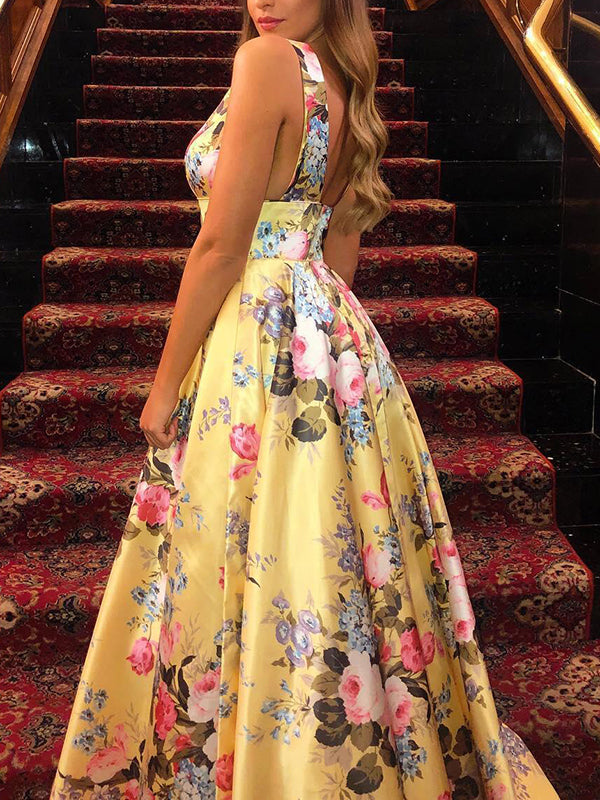 Blumendruck Stechender Hals Prom Maxi Kleid Abendparty Vestido