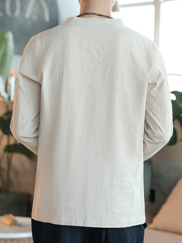 Vyriški vintažiniai medvilniniai lininiai marškinėliai ilgomis rankovėmis