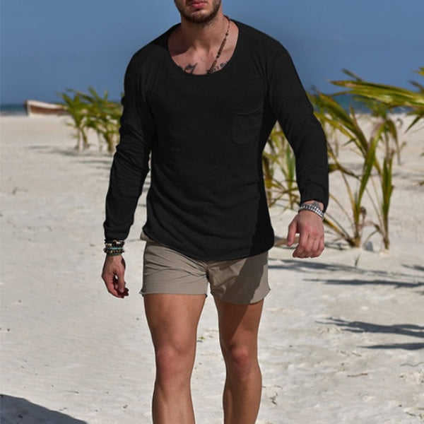 Vienos spalvos marškinėliai apvaliomis kaklomis ilgomis rankovėmis vyrams