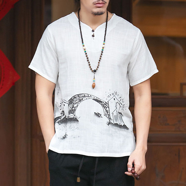 Camisa de hombre de manga corta en algodón y lino.