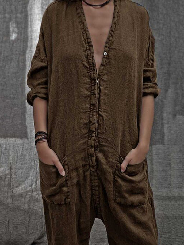 Traje casual de mujer en color liso con manga larga y cuello en V