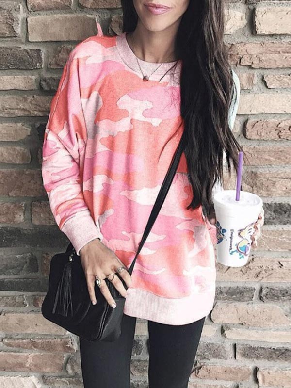 Cuello redondo estampado camuflaje para mujer con manga larga