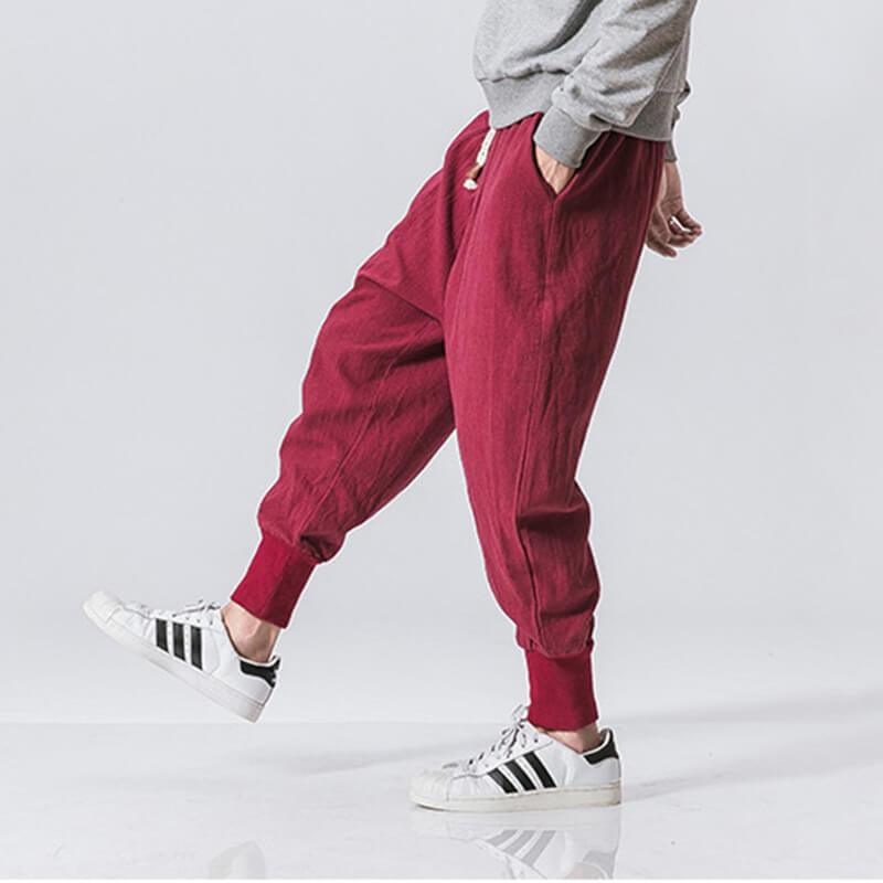 Pantalones japoneses transpirables para hombres hechos de lino holgado estilo callejero