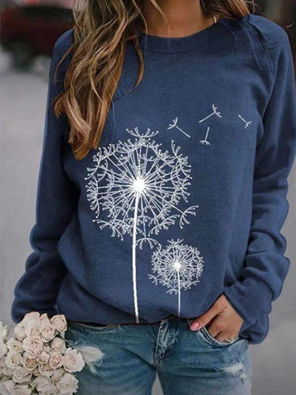Sudadera suelta con cuello redondo y estampado de diente de león para mujer