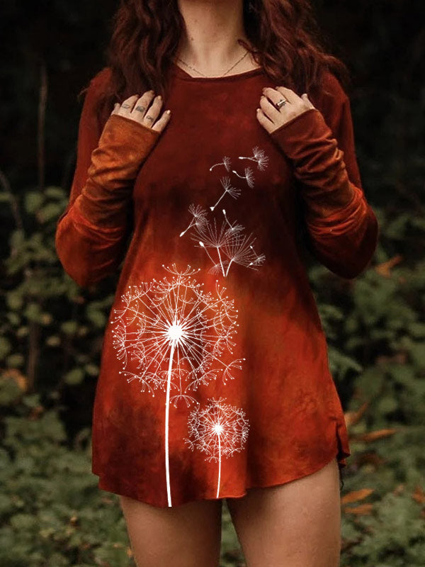 Damen Vintage gebeizt Löwenzahn Print Langarm Top