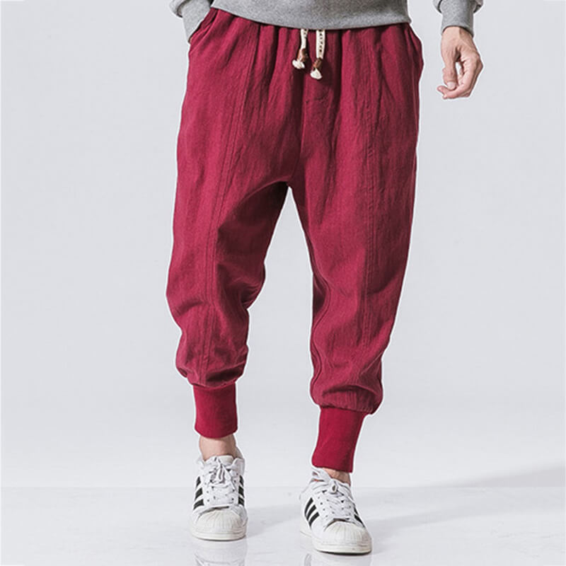Pantalones japoneses transpirables para hombres hechos de lino holgado estilo callejero