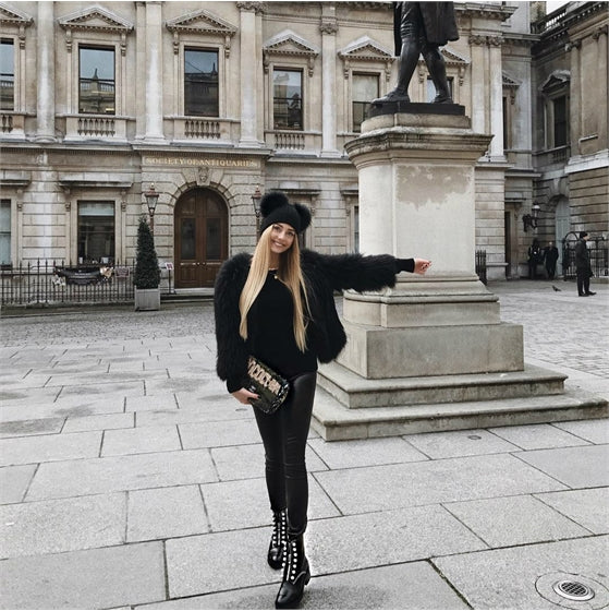 Black Raccoon Feather Fur Jacket