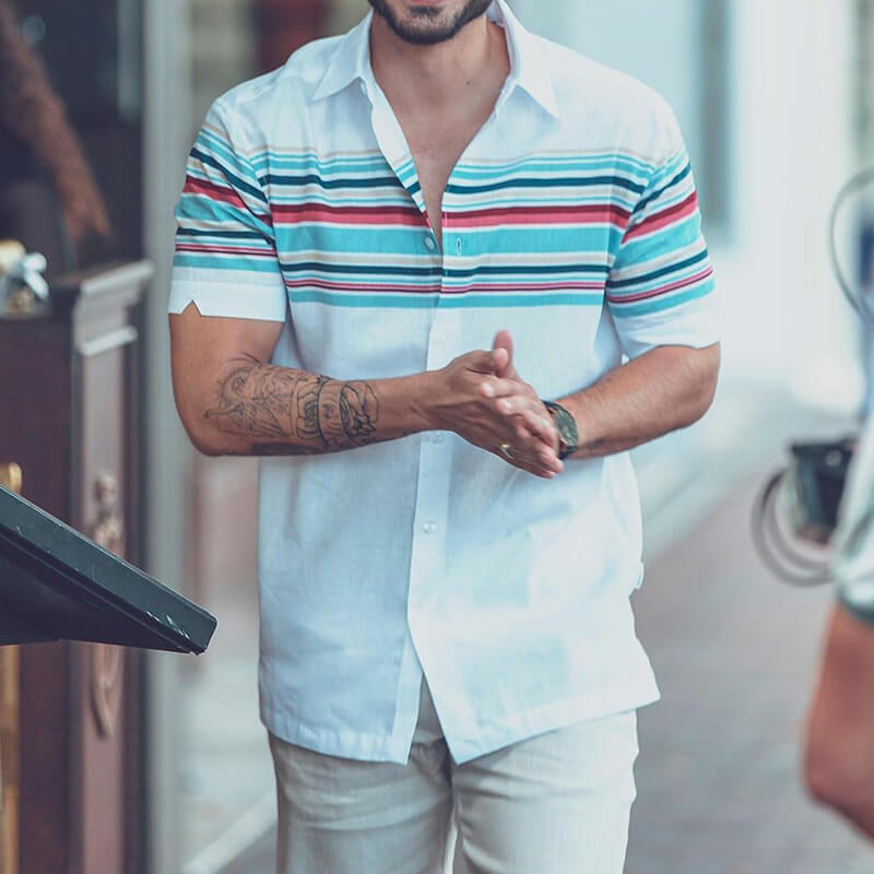 Herren Casual Fashion Summer Refreshing Bequeme gestreifte Kurzarm-Baumwoll-Leinenhemden
