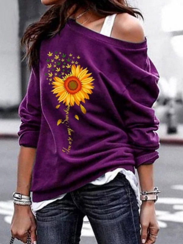 Wilder Sonnenblumen-Print-Rundhalspullover für Damen