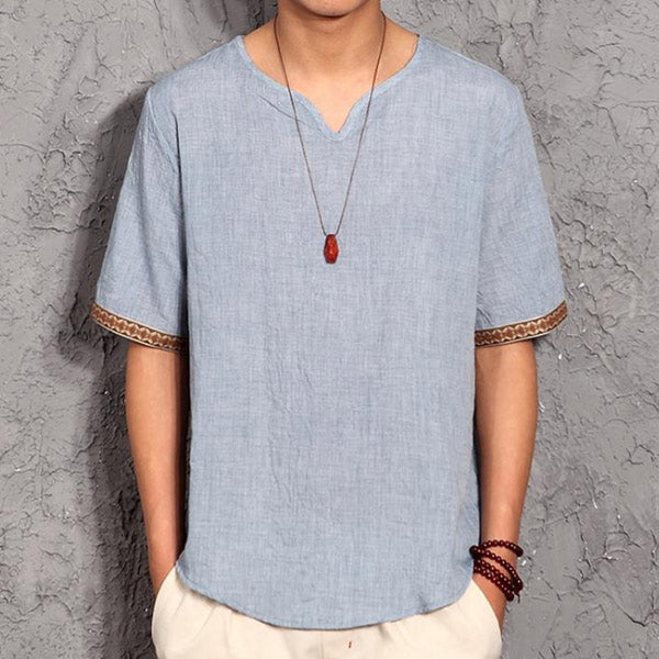 Camisa de lino para hombre con manga corta.