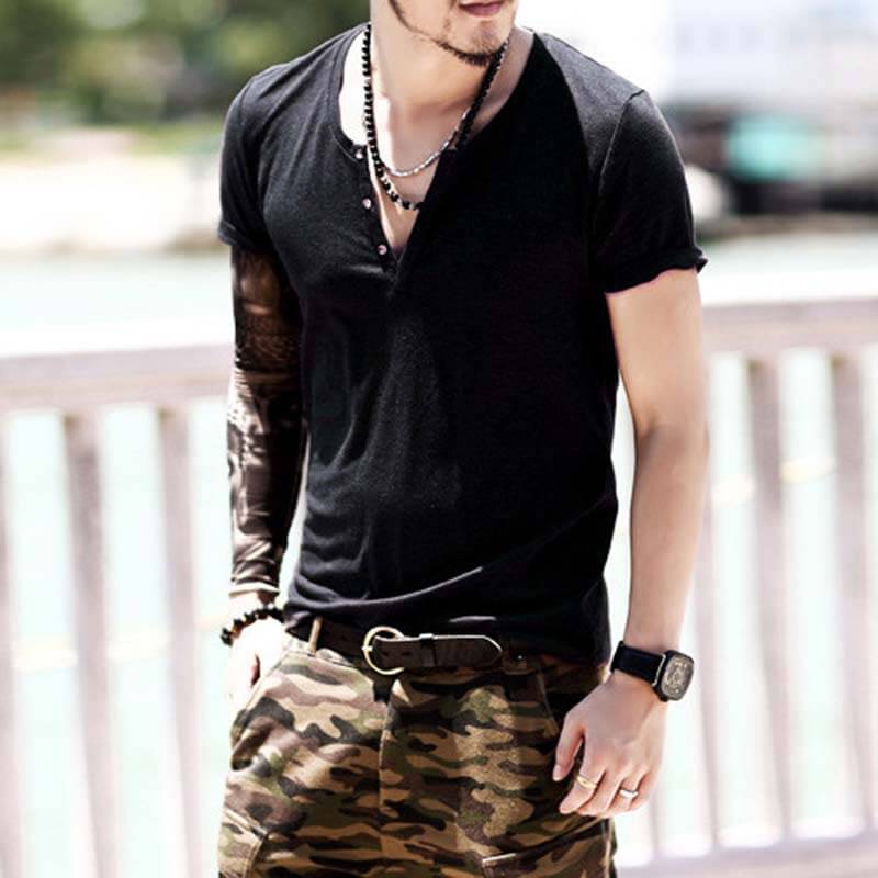 Men&#39;s Summer Cool Comfy Henley Collar Slim Short Sleeve Cotton T-Shirts