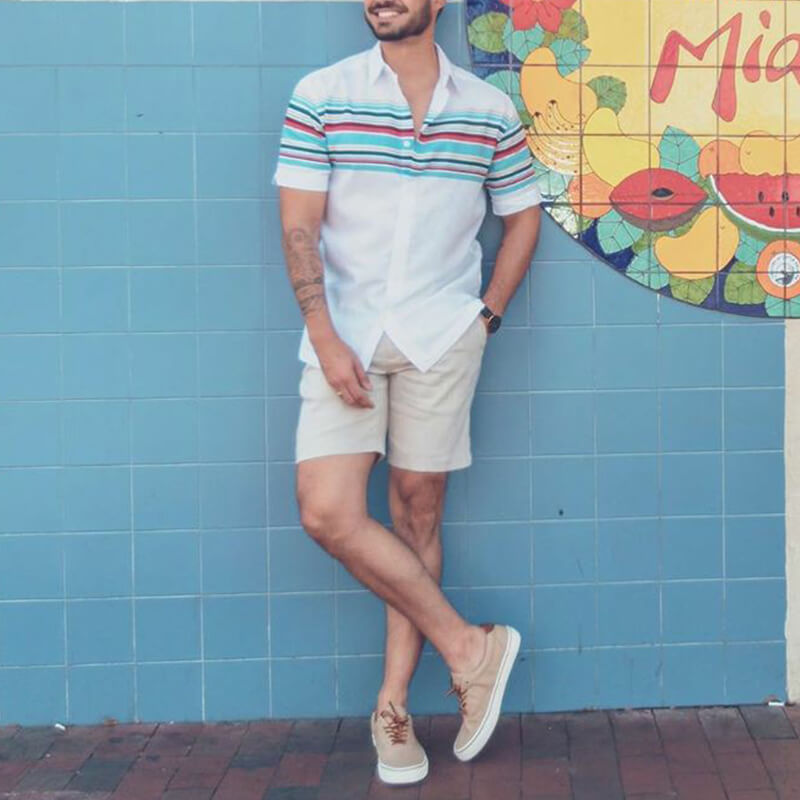 Herren Casual Fashion Summer Refreshing Bequeme gestreifte Kurzarm-Baumwoll-Leinenhemden