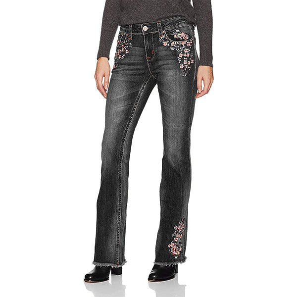 Jeans florales bordados, pirateados y elásticos