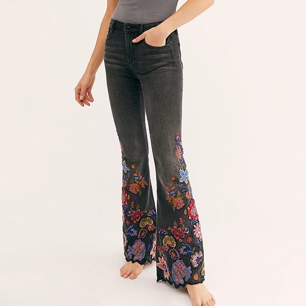 Blumengestickte Stretchy Bell Bottom Jeans