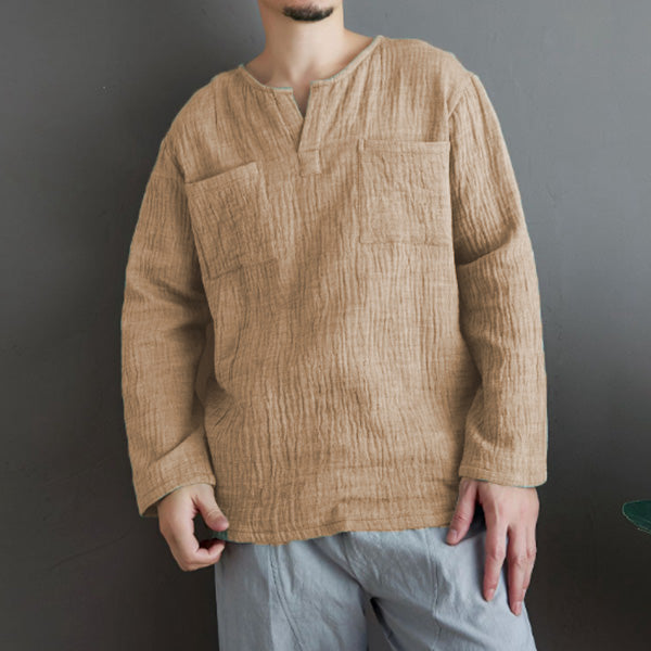 Herren Leinen V-Ausschnitt Tasche Langarmhemd T-Shirt