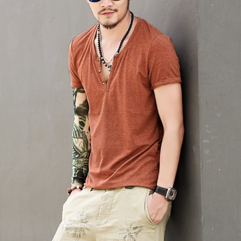 Men&#39;s Summer Cool Comfy Henley Collar Slim Short Sleeve Cotton T-Shirts