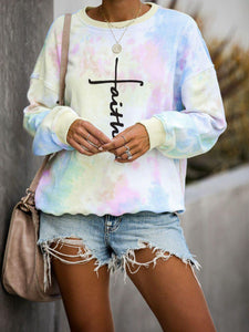 Faith tie-dye long-sleeved hoodie with a round neck