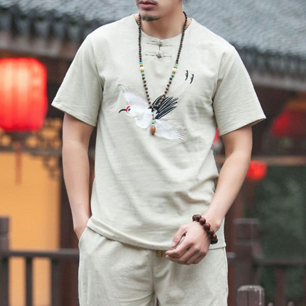Camiseta de manga corta y lino con bordado de grulla para hombre