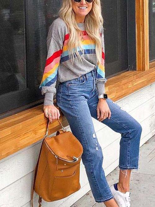 Suéter casual con manga larga de rayas arcoiris
