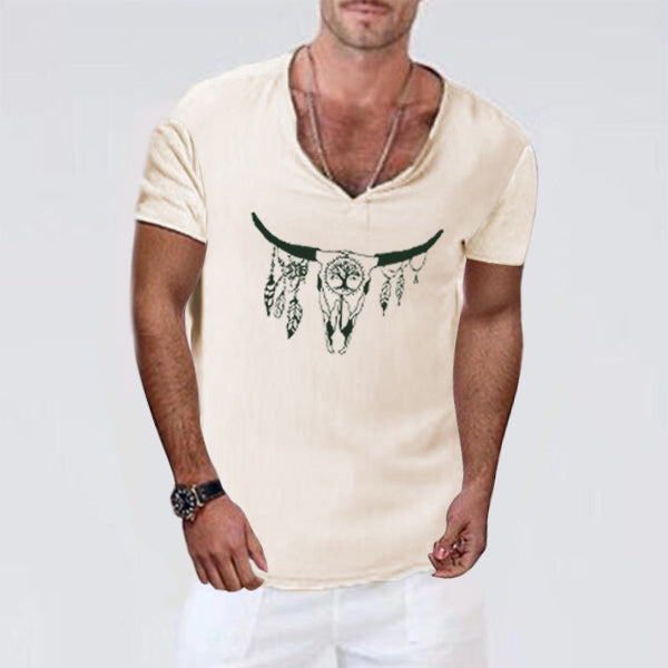 Kurzärmliges T-Shirt aus Baumwolle und Leinen mit Vintage-Kuhkopfdruck für Herren