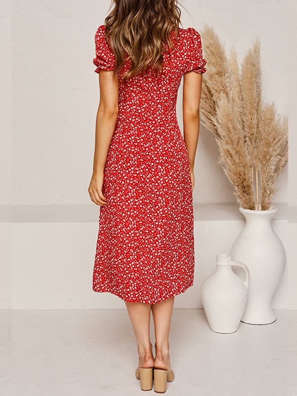 Quadratischer Hals Polka Dot Split Midi Kleid