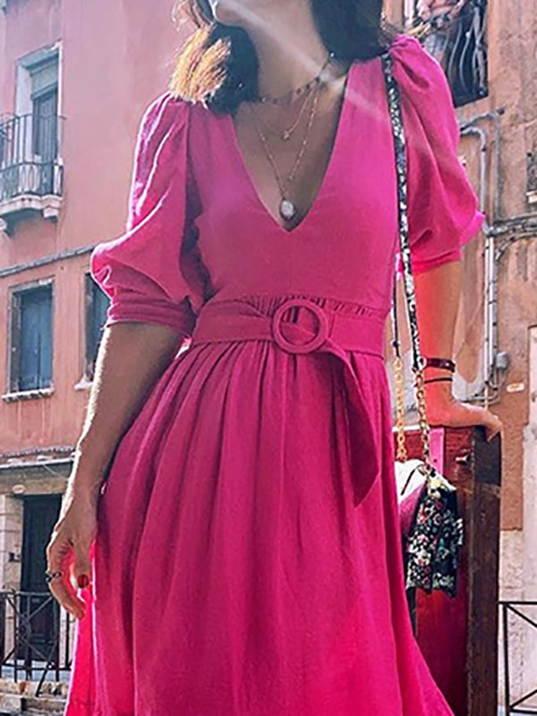 Midikleid mit V-Ausschnitt und Puffärmeln