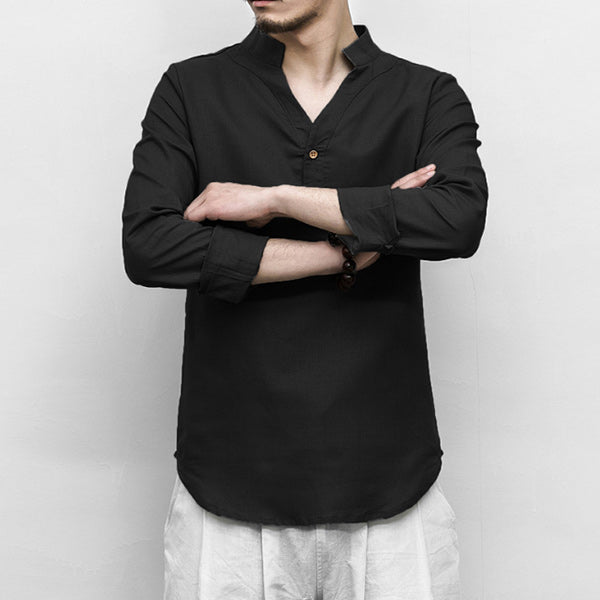 Herren Langarmhemd aus Baumwolle aus Leinen mit V-Ausschnitt