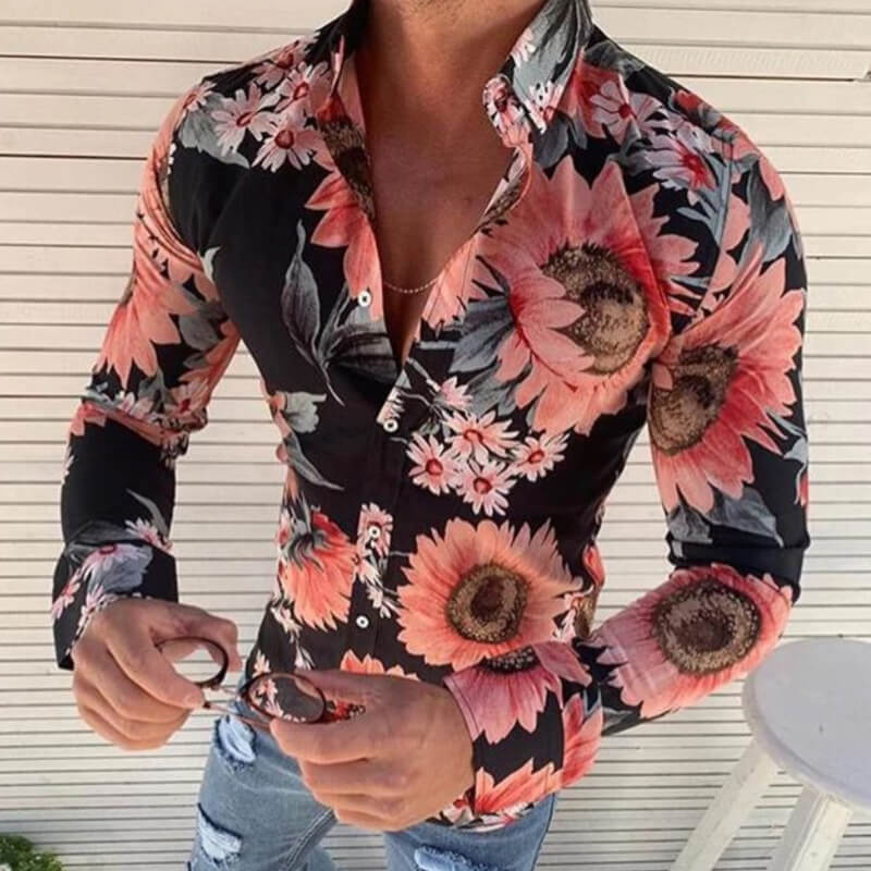 Men&#39;s fashion sunflowers Printed long-sleeved cotton blend shirts