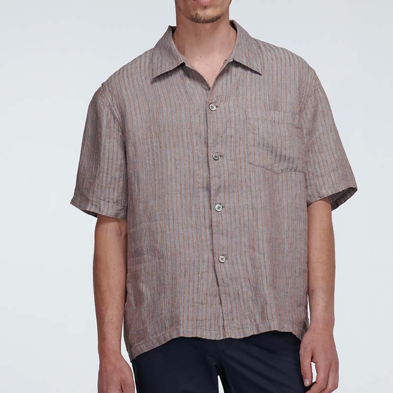 Vyriški pagrindiniai lengvi, laisvi, patogiai dryžuoti, trumpomis rankovėmis ekologiški lininiai marškiniai