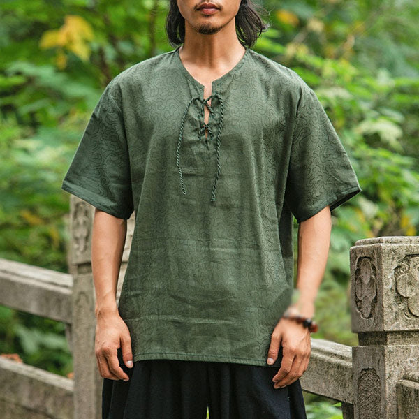 Camiseta retro de algodón y lino estampada para hombre con manga corta