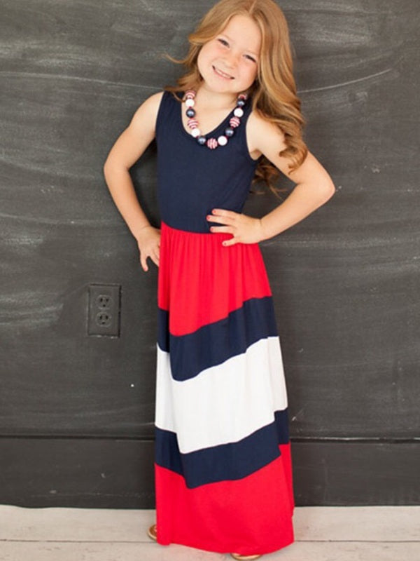 Ladies &#39;Contrast Blue Red Stripe Stitching Eltern-Kind-Kleid