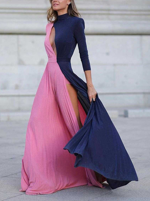 Pink-Blue Slit Cut Out Maxikleider