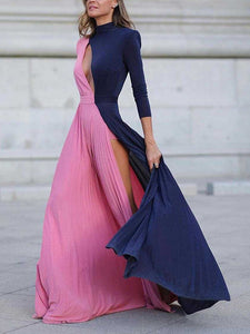 Pink-Blue Slit Cut Out Maxikleider