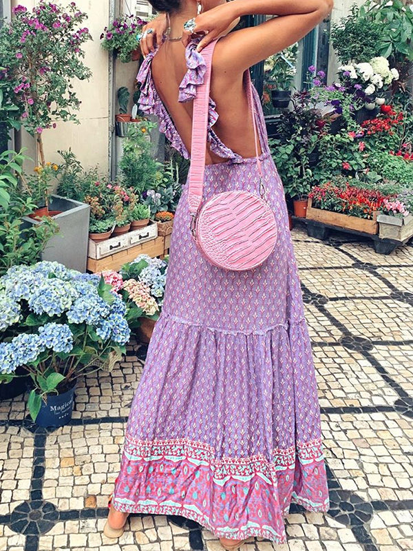 Rückenloses Boho-Maxikleid mit Rüschenärmeln