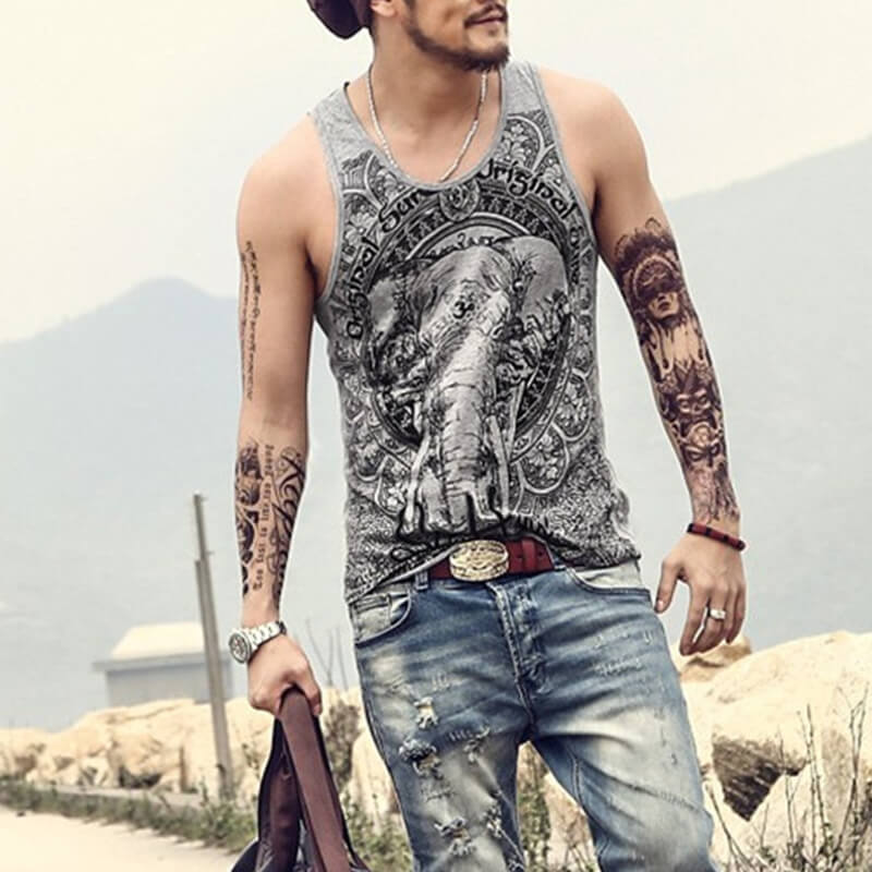 Chaleco de algodón estampado de elefante delgado sin mangas casual hippie de verano para hombres