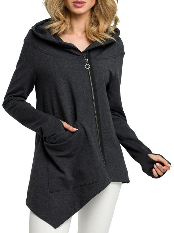 Suéteres de mujer con cremallera diagonal y bolsillo irregular.