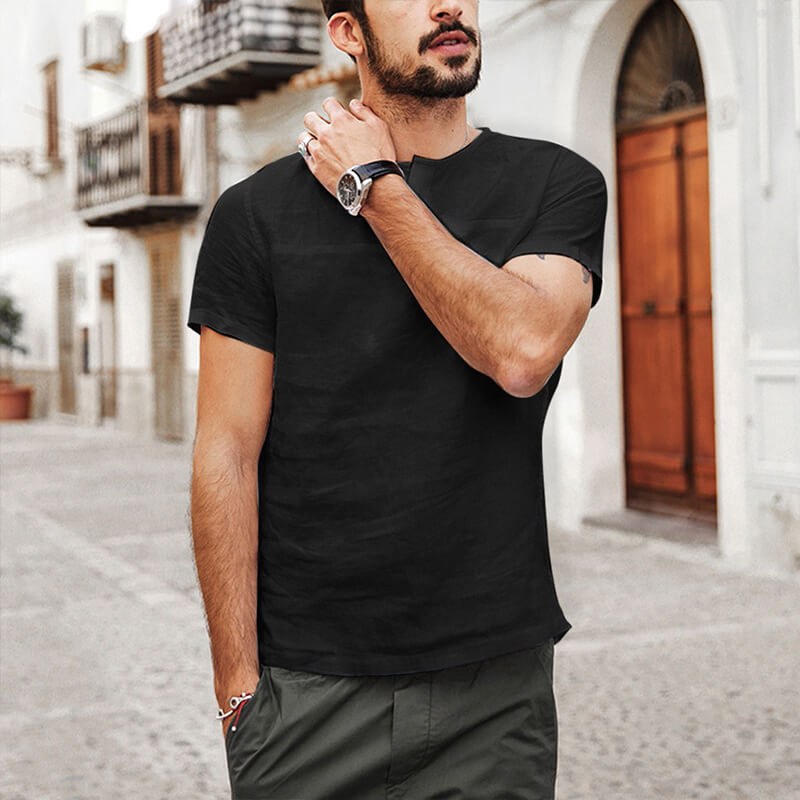 Camisa casual de lino y algodón de manga corta con cuello redondo para hombres