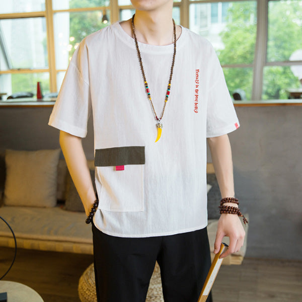 Camisa de algodón y lino para hombres con cuello redondo y bolsillo suelto.